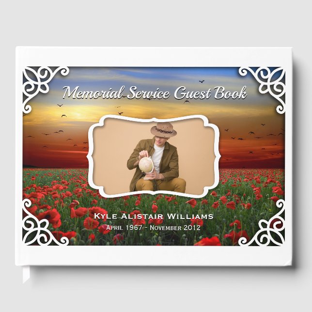 Memorial Service Red Poppies Field Sunset Photo Guest Book (Front)