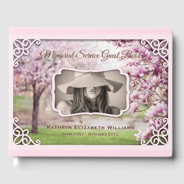 Memorial Service Spring Magnolia Elegant Photo Guest Book (Front)