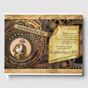 Memorial Service Steampunk Gear Time Machine Photo Guest Book