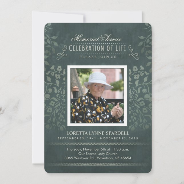 Memorial Service Teal Floral Photo Custom Invite (Front)