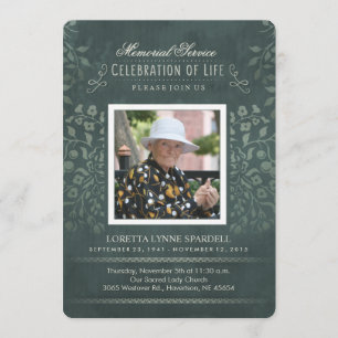 Memorial Service Teal Floral Photo Custom Invite