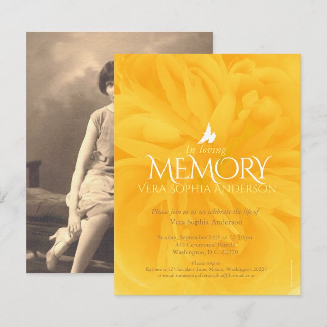 Memorial service yellow rose funeral invitations (Front/Back)