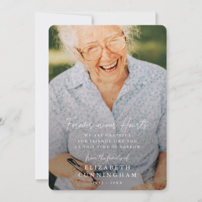 Memorial Simple Modern Forever in our Hearts Photo Thank You Card (Front)
