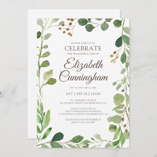 Memorial Simple Modern Greenery Foliage Botanicals Invitation (Front/Back)