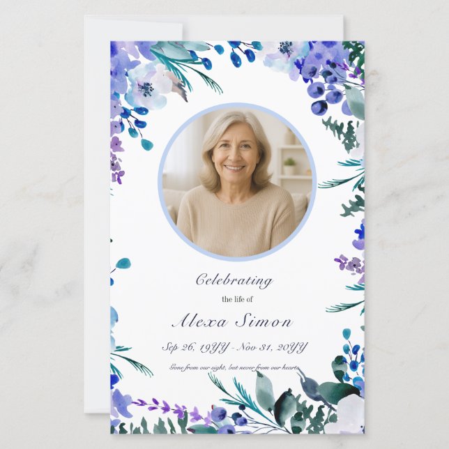 Memorial Soft Blue Floral Funeral program (Front)