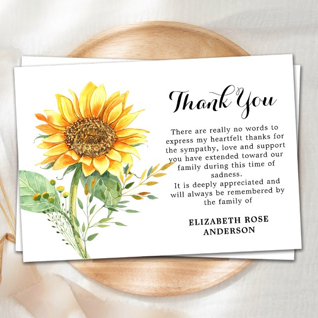 Memorial Sunflower Floral Sympathy Funeral Thank You Card (Creator Uploaded)