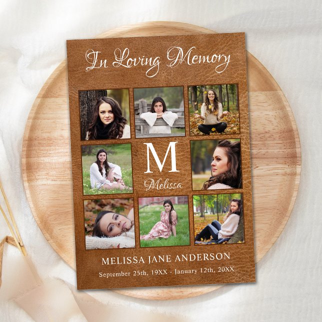 Memorial Sympathy 8 Photo Collage Leather Funeral Thank You Card (Creator Uploaded)
