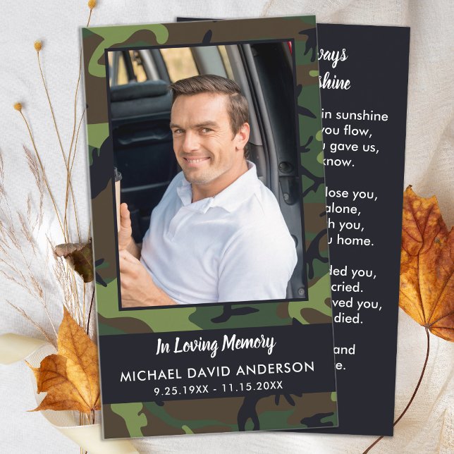 Memorial Sympathy Camo Funeral Prayer Card Rustic (Creator Uploaded)