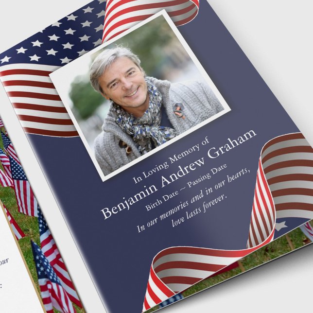 Memorial Veteran Patriotic American Flag  Funeral Thank You Card (Sympathy Photo Celebration of Life, In Loving Memory, Forever in our Hearts Funeral thank you cards)