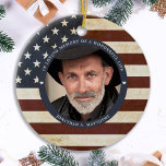 Memorial Vintage American Flag Personalized Photo  Ceramic Tree Decoration<br><div class="desc">Honor your loved one with a patriotic custom photo memorial ornament. This unique military memorial ornament is the perfect gift for yourself, family or friends to pay tribute to a military veteran, military soldier, army, marines or fallen soldier. This patriotic memorial ornament features a vintage rustic red white and blue...</div>