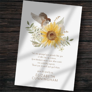 Memorial Watercolor Bird and Sunflowers Botanicals Thank You Card