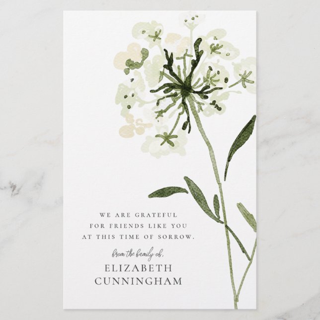 Memorial Watercolor Flower Botanicals Elegant Chic Stationery (Front)