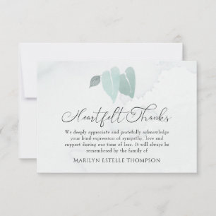 Memorial Watercolor Heart Leaves Heartfelt Thanks  Thank You Card