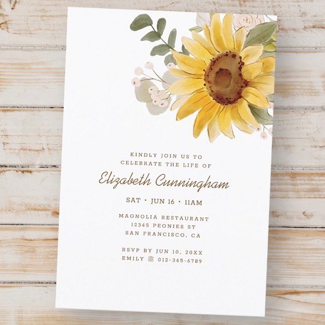 Memorial Watercolor Sunflowers Foliage Botanicals Invitation (Creator Uploaded)
