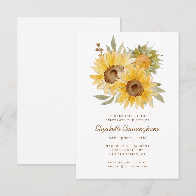 Memorial Watercolor Sunflowers Foliage Botanicals Invitation (Front/Back)