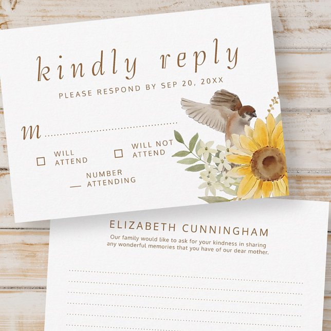 Memorial Watercolor Sunflowers Kindly Reply RSVP Card (Creator Uploaded)