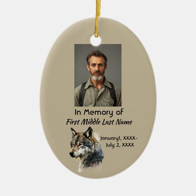 Memorial Watercolor Wolf Keepsake Ornament (Front)