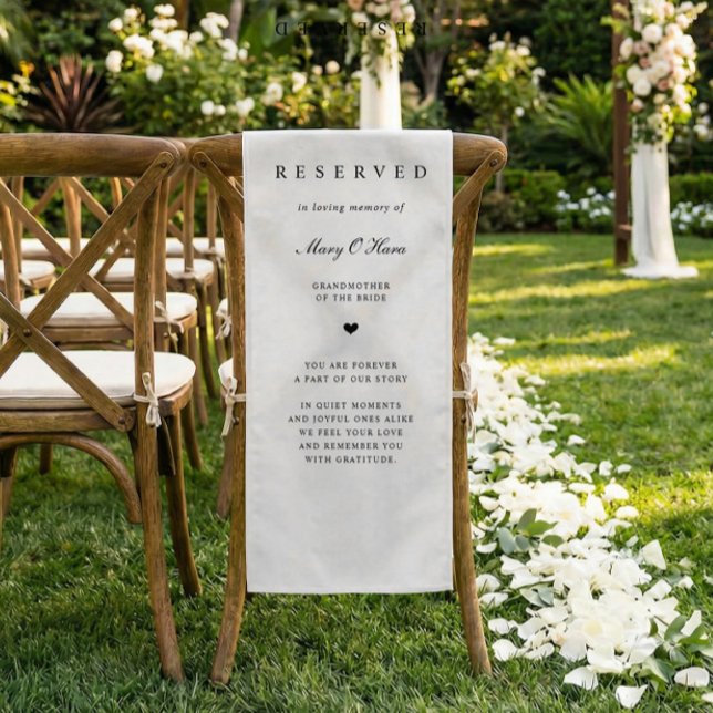 Memorial Wedding Chair Fabric Sign Reserved Banner Short Table Runner (Memorial fabric chair banner draped over chair, double sided with custom name and message)