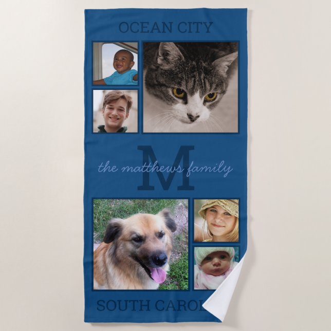 Memories Classic Blue Monogram 6 Photo Collage Beach Towel (Front)