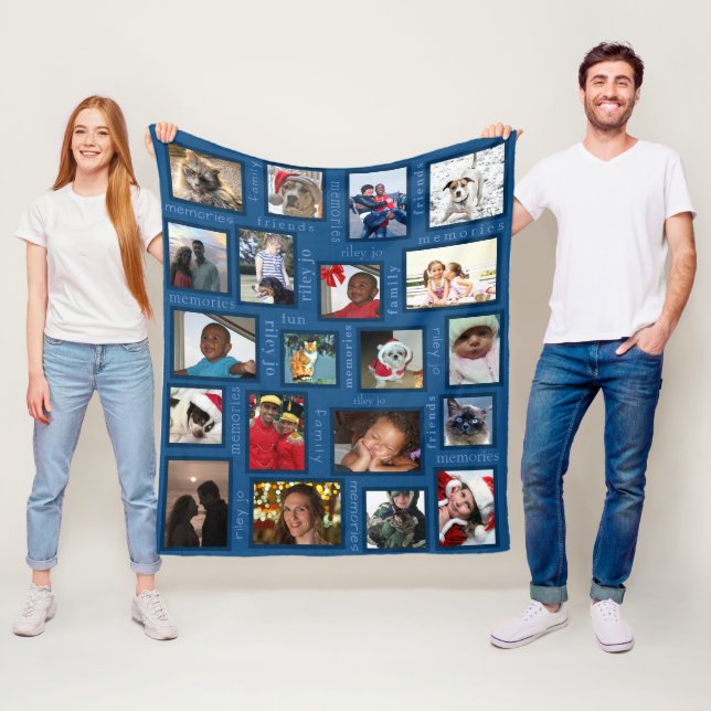 Memories Classic Blue Your 20 Photo Collage Fleece Blanket (In Situ)