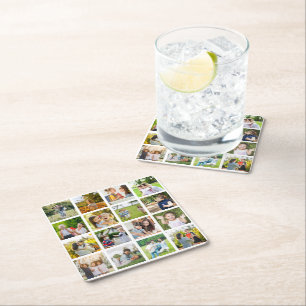 Memories in Motion: Customizable 16 Photo Collage Square Paper Coaster