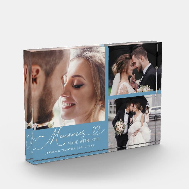 Memories Made with Love Denim Blue Wedding Photo Block (Left)