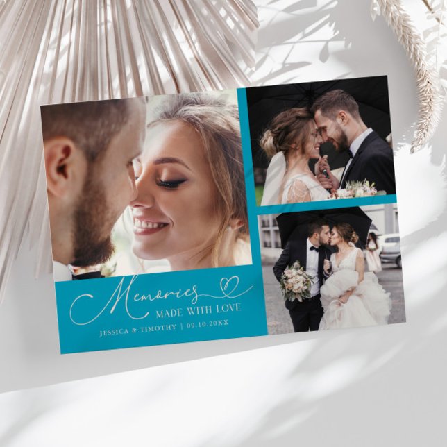 Memories Made With Love Wedding Aqua Multi Photo Thank You Card (Creator Uploaded)