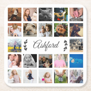 Memories Modern 22  Photo Collage & Custom Text Square Paper Coaster