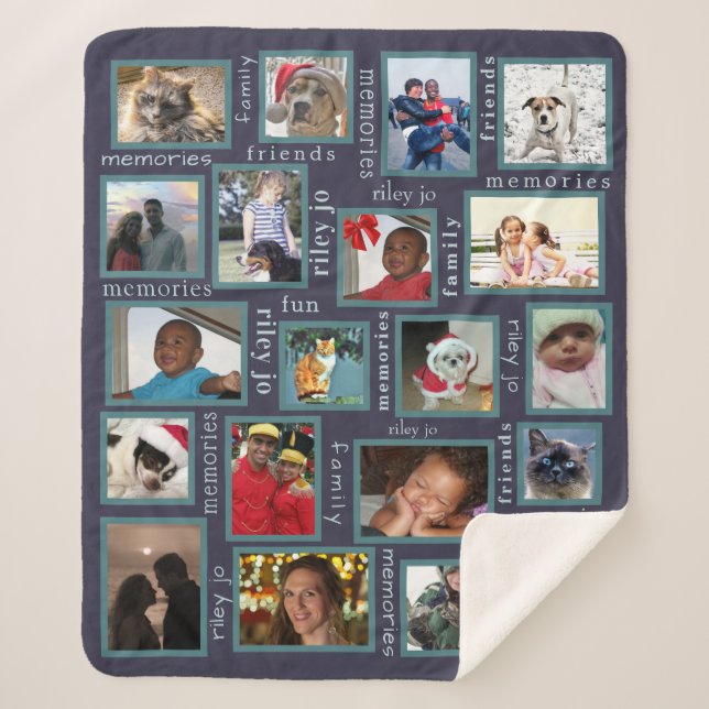 Memories Navy Blue 20 Photo Collage Personalised Sherpa Blanket (Front)