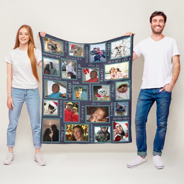 Memories Navy Blue Create Your 20 Photo Collage Fleece Blanket (In Situ)