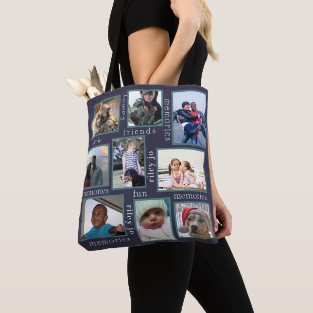 Memories Navy Modern Trendy 18 Photo Collage Tote Bag (Close Up)