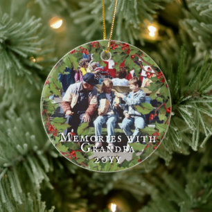 Memories with Grandpa Photo - Holly Berries Frame Ceramic Tree Decoration