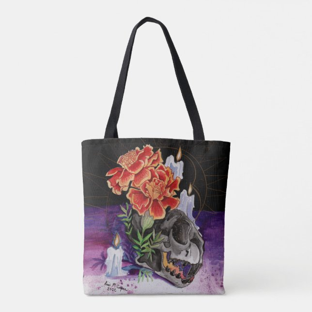 Memory Maps Autumn Vibes Kitty skull painting Post Tote Bag (Back)