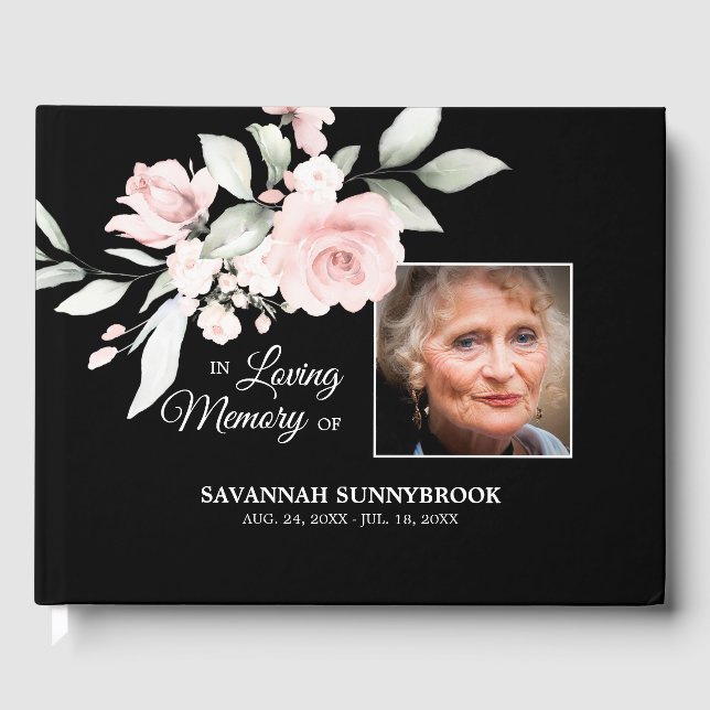 Memory Memorial Registry Funeral Floral Pink Rose Guest Book (Front)