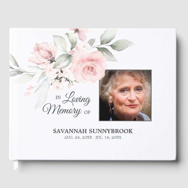 Memory Memorial Registry Funeral Floral Pink Rose Guest Book (Front)