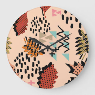 Memphis Autumn: Geometric Leaves Pattern Large Clock