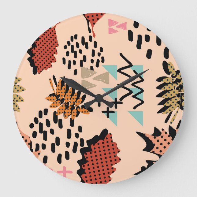 Memphis Autumn: Geometric Leaves Pattern Large Clock (Front)