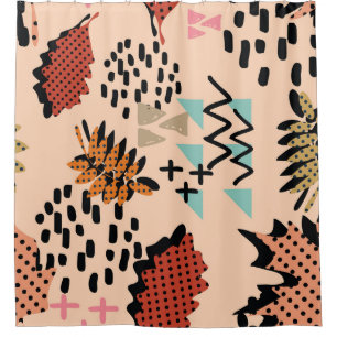 Memphis Autumn: Geometric Leaves Pattern Shower Curtain