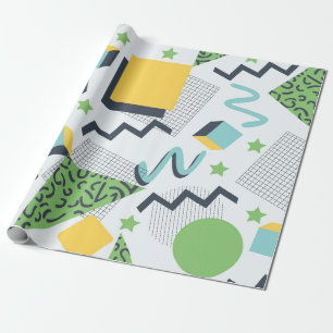 Memphis-Inspired Green and Yellow Geometric  Wrapping Paper