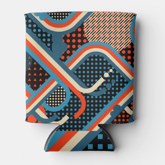 Memphis pattern, modern colour strips, retro. can cooler (Front)