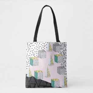 Memphis pattern with geometric, grid, striped and tote bag