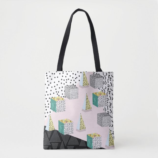 Memphis pattern with geometric, grid, striped and  tote bag (Front)