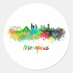 Memphis skyline in watercolor classic round sticker
