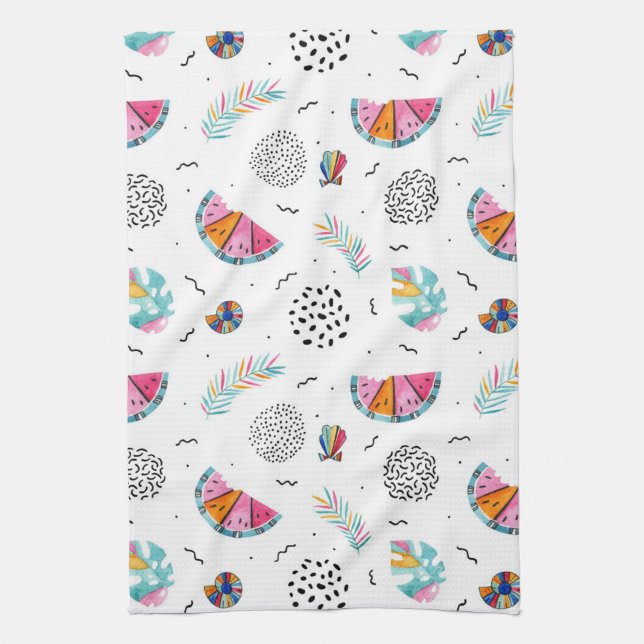 Memphis Style Tropical Summer Pattern Tea Towel (Vertical)