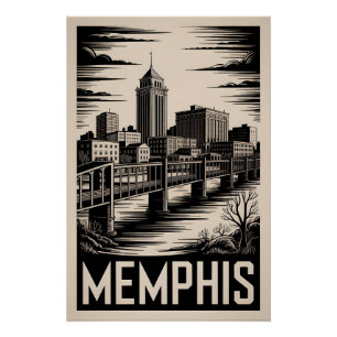 Memphis Tennessee Skyline Black White Woodcut Poster