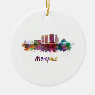 Memphis V2 skyline in watercolor Ceramic Tree Decoration