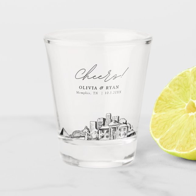 Memphis Wedding Favour Personalised Cheers Shot Glass (Front)