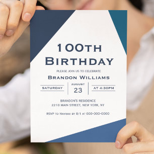 Men 100th Birthday Blue Geometric 100 Years Invitation