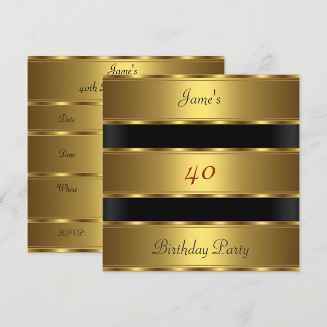 Men 40th birthday Party Gold Black Invitation (Front/Back)