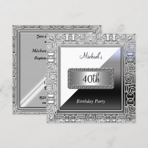 Men 40th Birthday Party Invitation White Silver